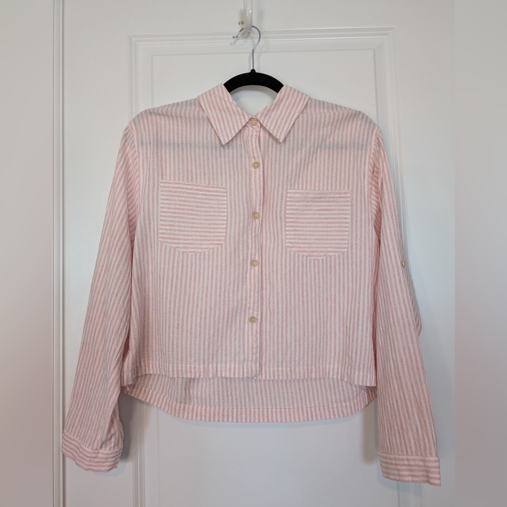 Allie Rose Striped Linen Cotton Button Up Cropped Top Pink & White Sz Small